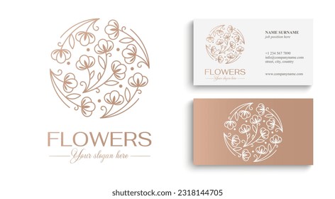 Flower logo. Cotton flower in a circle. Cotton flower. Logo in trendy linear style for clothing, hotel, cosmetics, spa, beauty salon, decoration, boutique