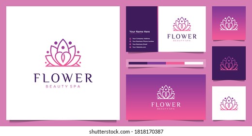 Flower logo design and business card template. beauty lotus flower liner logo feminine with gradient color