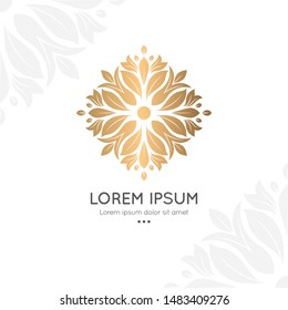 Flower logo design with golden leaves on a white background. Luxury vintage vector template with elegant elements. Can be used as monogram and emblem. Great for invitation or wallpaper.