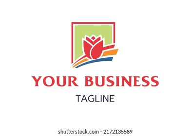 Flower logo design, icon, symbol.  The Rainbow Flower logo features a bold red tulip with colorful waves, symbolizing creativity and growth. Ideal for florists, wellness brands.