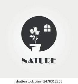 flower logo inside house isolated black circle. Elegance natural home linear icon vector illustration