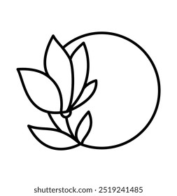 Diseño de línea de logotipo de flor con lugar para texto. Elemento elegante de la Plantilla del Vector en estilo lineal de moda. emblema abstracto para las tiendas o los estudios florales, floristas de la boda, creadores de encargo floral