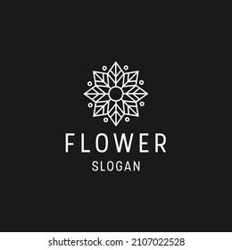 Icono de estilo lineal del logotipo de flor en el fondo negro