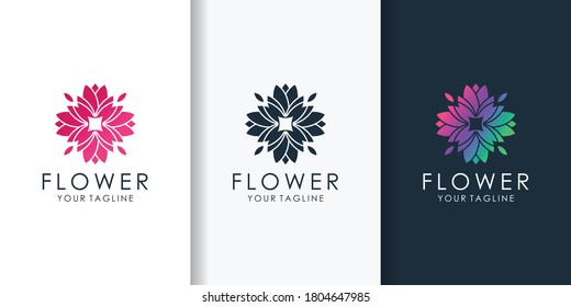 Flower logo with modern gradient style and business card design template Premium Vector