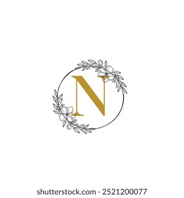 Flower Logo N Wedding Logo in circle shape. Elegant monogram. Wedding monogram illustration with floral frame. vector illustrator. business logo. company logo.