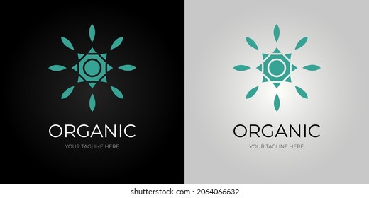 Flower logo, natural motives, mandala. Eco-themed template, branding element. Eco emblem, organic, natural for label, packaging, badge or badge of natural food, beverage, cosmetics. Vector illustratio