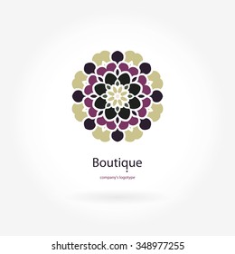 Flower logo. Olive, green, wine color. Light logo. Logo in dark colors. Olive petals. Logo for boutique, invitations. Company logo, stylized flower, element. Simple geometric logo. Mandala. Logotype.