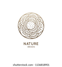 Flower logo. Rose, poppy icon. Round floral emblem in linear style. Vector abstract illustration, badge for design of natural product, flower shop, cosmetics, ecology concept, health, spa, yoga Center