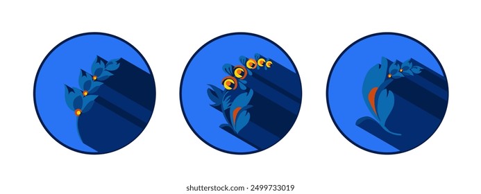 Flower logo with shadows. Beautiful stylized floral ornament. Flower symbol in yellow and blue colors.