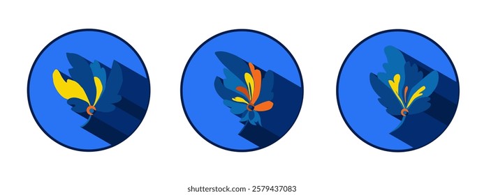 Flower logo with shadows. Beautiful stylized floral ornament. Flower symbol in yellow and blue colors.