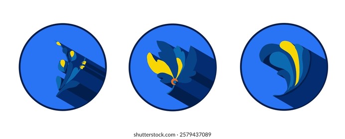 Flower logo with shadows. Beautiful stylized floral ornament. Flower symbol in yellow and blue colors.