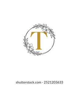 Flower Logo T Wedding Logo in circle shape. Elegant monogram. Wedding monogram  illustration with floral frame. vector illustrator. business logo. company logo.
