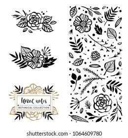 Flower logo template. Bloom beauty. Flowers, branches, and leaves in nature pattern. Hand drawn design elements. Vector illustration.