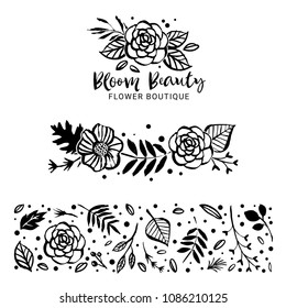 Flower logo template. Bloom beauty. Flowers, branches, and leaves in nature pattern. Hand drawn design elements. Vector illustration.