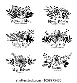 Flower logo template. Floral botanical collection. Flowers, branches, and leaves. Hand drawn design elements. Nature vector illustration.