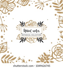 Flower logo template. Floral frame. Flowers, branches, and leaves. Hand drawn design elements. Nature vector illustration.