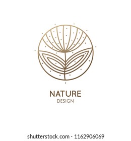 Flower logo template. Vector emblem floral plant in circle. Abstract round badge for design of natural products, flower shop, cosmetics and ecology concepts, health, spa and yoga Center.