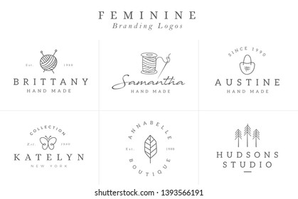 Flower logo templates collection in vector. Hand drawn floral logotypes for a small business branding - Vector