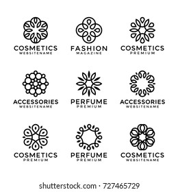 Flower Logo Templates In Trendy Linear Style, Vector Floral Icons And Elegant Lineart Monograms.