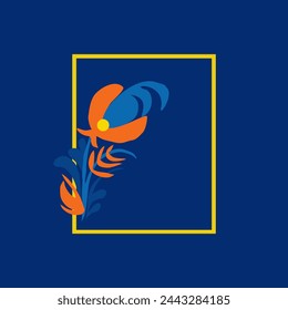 Flower logo. Traditional Ukrainian painting. Elements of blue and yellow floral ornament. Decorative vector illustration.