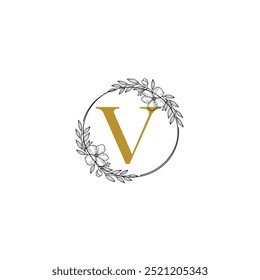 Flower Logo V Hochzeitslogo in Kreisform. Elegantes Monogramm. Hochzeits-Monogramm-Illustration mit Blumenrahmen. Vektorillustrator. Firmenlogo. Firmenlogo.