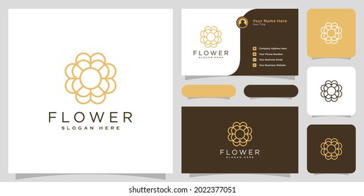 estilo de línea de diseño vectorial de logotipo de flor y tarjeta de negocios