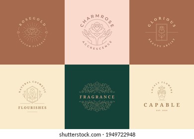 Flower logos emblems design templates set with botanical plants and rose vector illustrations minimal linear style. Outline symbols for cosmetics and packaging or floral products branding