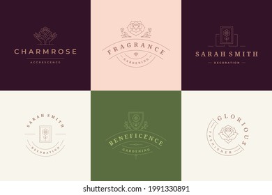 Flower logos emblems design templates set with botanical plants and rose vector illustrations minimal linear style. Outline symbols for cosmetics and packaging or floral products branding