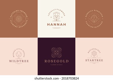 Flower logos emblems design templates set with botanical plants and rose vector illustrations minimal linear style. Outline symbols for cosmetics and packaging or floral products branding