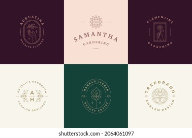 Flower logos emblems design templates set with botanical plants and rose vector illustrations minimal linear style. Outline symbols for cosmetics and packaging or floral products branding