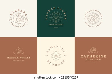 Flower logos emblems design templates set with botanical plants and rose vector illustrations minimal linear style. Outline symbols for cosmetics and packaging or floral products branding