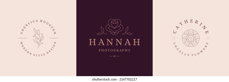 Flower logos emblems design templates set with botanical plants and rose vector illustrations minimal linear style. Outline symbols for cosmetics and packaging or floral products branding