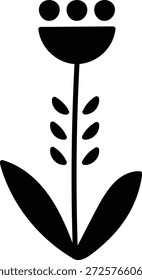 Flor con tallo largo, hoja ovalada y cabeza de tulipán en el trabajo de línea de motivo popular. Símbolo de la naturaleza, el crecimiento, la armonía y el patrimonio nórdico. Ilustración vectorial de dibujos animados.