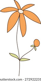 Flor com haste longa, seis pétalas de flor, centro oval, pequeno broto, e duas folhas no esboço linha trabalho. Símbolo de crescimento, natureza, primavera e renovação para temas de botânica. Ilustração de vetor de desenhos animados.