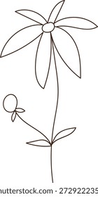 Flor con tallo largo y flor de seis pétalos junto a Pequeña yema, dibujada con líneas de contorno limpias y espacio abierto. Símbolo de crecimiento, naturaleza y pureza con motivo de brotes y hojas. Ilustración vectorial de dibujos animados.