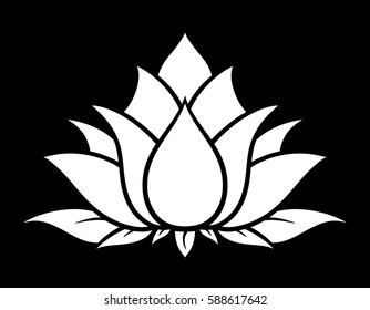 Flower lotus, black and white. Isolated on black background. Vector illustration.