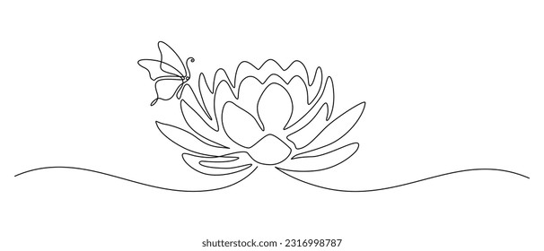 Blütenlotus mit Schmetterling in einer durchgehenden Linienzeichnung. Logo-Yoga-Studio und Wellness-Spa-Salon Konzept in einfachem linearen Stil. Wasserlilie in bearbeitbarem Schlaganfall. Doodonkontur, Vektorgrafik