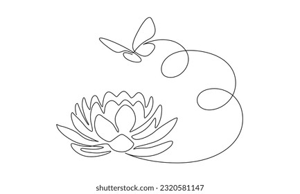 Flower lotus with flying butterfly in one continuous line drawing. Logo yoga studio and wellness spa salon concept in simple linear style. Water lily in editable stroke. Doodle vector illustration