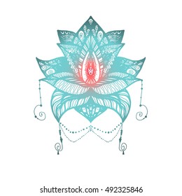 Flower Lotus. Magic symbol for print, tattoo, coloring book,fabric, t-shirt, cloth in boho style. Tribal lotus design. Vector