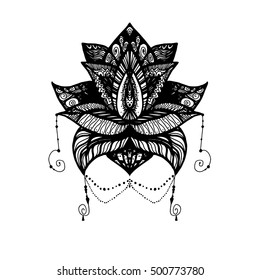 Flower Lotus. Magic symbol for print, tattoo, coloring book,fabric, t-shirt, cloth in boho style. Tribal lotus design. Vector