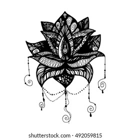 Flower Lotus symbol for print, tattoo, coloring book,fabric, t-shirt, cloth in boho style. Vintage lotus design. Vector