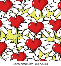 Flower of love seamless pattern. florets meadow. Ornament from hearts and Chamomile. Background for Valentines day.
