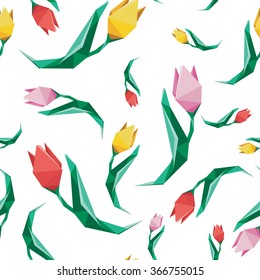 Flower low poly concept illustration. Tulip seamless pattern. Low poly vector design pattern.