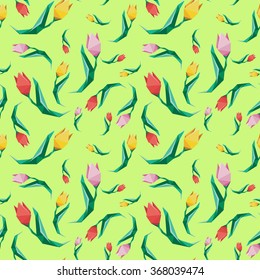 Flower low poly concept illustration. Tulip seamless pattern. Low poly vector design pattern.