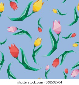 Flower low poly concept illustration. Tulip seamless pattern. Low poly vector design pattern.