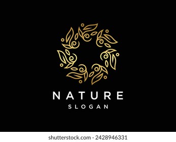 Plantilla de diseño de lujo de flores. El logo de la flor está hecho con líneas doradas	
