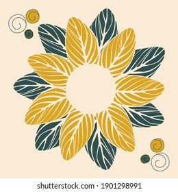 A flower made of green and yellow leaves on a pink background for printing on pillows, fabrics, clothes, covers, gliders. Vector illustration.
