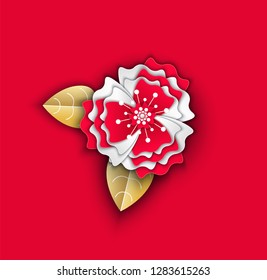 Flower made of paper decor origami for holiday vector. Isolated icon of Asian culture with flourishing and blooming. Blossom with petals celebration