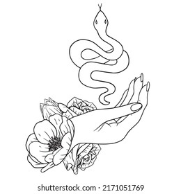 Flower magic snake. Snake and wildflowers. Halloween and Boho Floral design. Botanical elements. Decorative plants in a rustic style. Minimal snakes for logo, tattoos