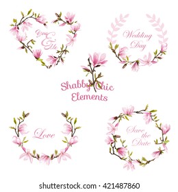 Flower Magnolia Banners and Tags. Floral Wreath. Vector Set.